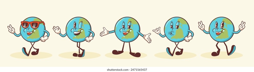 Juego de caracteres retro Groovy Earth. Caricatura Planeta Personaje caminando y sonriendo. Vector Funny Mascot Plantillas Colección. Feliz Antiguas Ilustraciones Cool. Aislado