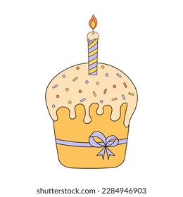 Groovy Easter cake with candle decorated with a bow. Vintage hippie psychedelic clipart.