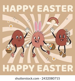 Groovy Easter card with funny eggs characters with cheerful faces. Vector illustration in trendy psychedelic retro style of the 60s, 70s isolsted on a white background.