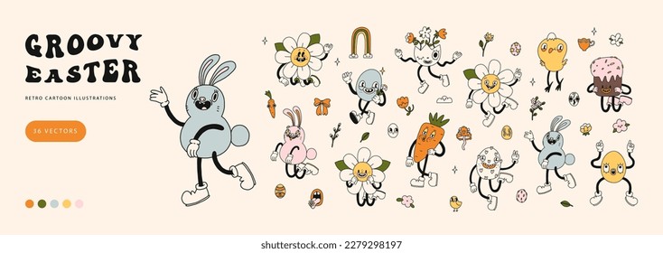 Groovy Easter character mascot set. Spring avatar illustrations in retro cartoon style. Cute egg, bunny, chick, daisy flower. Different emotions. Happy Easter. Hand drawn isolated vector collection