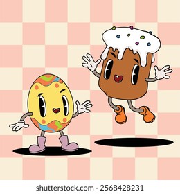 Groovy easter characters in trendy cartoon 60s 70s style. Easter egg, Panettone, Paska, kulich holiday sweet bread. Classic cartoon style. Vector  illustration.