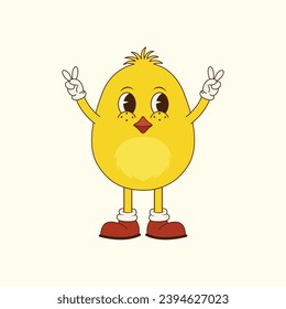 Groovy easter chicken in trendy retro 70s style. Vector illustration
