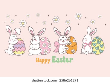 Groovy Easter Chicks with Retro Easter eggs banner. Playful cartoon doodle animal character hand drawing.