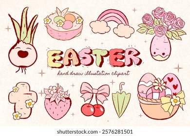 Groovy easter day, retro bunny, cute Easter rabbit, eggs, spring flowers in pastel colors, soft pink. Easter posters, covers, labels templates set, Vintage Easter rabbit, Vector illustration