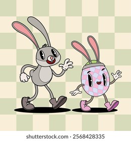 Groovy easter egg with bunny ears and easter rabbit characters in trendy cartoon 60s 70s style. Old classic cartoon style. Vector  illustration.