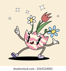 Groovy easter egg character with spring flowers in trendy cartoon 60s 70s style. Old classic cartoon style. Vector  illustration.