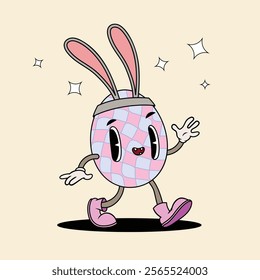 Groovy easter egg character with spring flowers in trendy cartoon 60s 70s style. Old classic cartoon style. Vector  illustration.