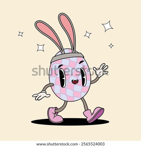 Groovy easter egg character with spring flowers in trendy cartoon 60s 70s style. Old classic cartoon style. Vector  illustration.