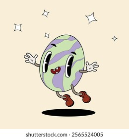 Groovy easter egg character in trendy cartoon 60s 70s style. Old classic cartoon style. Vector  illustration.