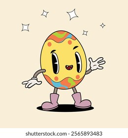 Groovy easter egg character in trendy cartoon 60s 70s style. Old classic cartoon style. Vector  illustration.