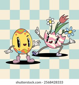 Groovy easter egg characters with spring flowers in trendy cartoon 60s 70s style. Old classic cartoon style. Vector  illustration.