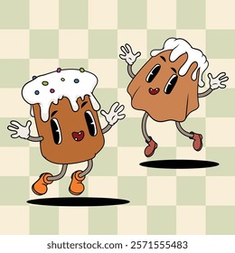 Groovy easter pastry characters in trendy cartoon 60s 70s style. Panettone, Paska, kulich holiday sweet bread. Classic cartoon style. Vector  illustration.