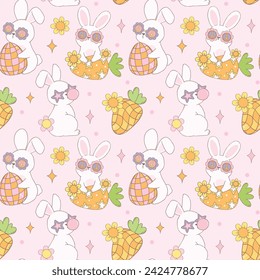 Groovy Easter Pattern Seamless retro disco bunny Playful animal doodle drawing isolated on background.