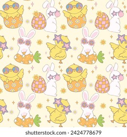 Groovy Easter Pattern Seamless retro disco bunny and chick Playful animal doodle drawing isolated on background.