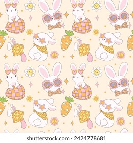 Groovy Ostern Muster Nahtlose Retro Disco Hase Spielerische Tier Doodle Zeichnung isoliert auf Hintergrund.