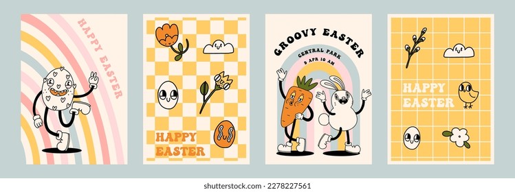 
Groovy Easter poster print set. Spring bright character mascot cards in retro cartoon style. Cute egg, bunny, chick, daisy flower. Happy Easter hand drawn isolated vector illustration collection