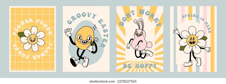 
Groovy Easter poster print set. Spring bright character mascot cards in retro cartoon style. Cute egg, bunny, chick, daisy flower. Happy Easter hand drawn isolated vector illustration collection