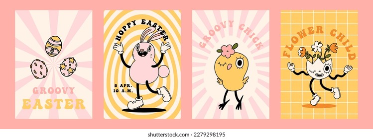 Groovy Easter poster print set. Spring bright character mascot cards in retro cartoon style. Cute egg, bunny, chick, daisy flower. Happy Easter hand drawn isolated vector illustration collection