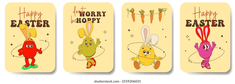 Groovy Easter poster print set. Spring bright character mascot cards in retro cartoon style. Happy Easter