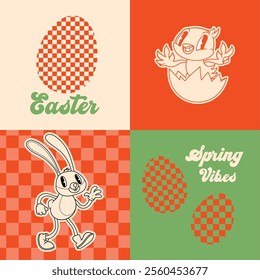 Groovy Easter print set. Spring bright character mascot cards in retro cartoon style. Cute easter bunnym chick and eggs. Vector illustrations.