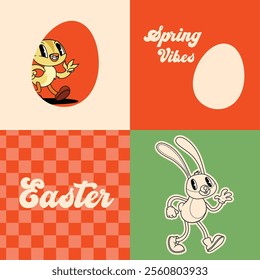 Groovy Easter print set. Spring bright character mascot cards in retro cartoon style. Cute easter bunnym chick and eggs. Vector illustrations.