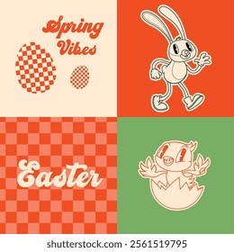 Groovy Easter print set. Spring bright character mascot cards in retro cartoon style. Cute easter bunnym chick and eggs. Vector illustrations.