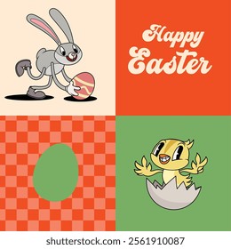 Groovy Easter print set. Spring bright character mascot cards in retro cartoon style. Cute easter bunnym chick and eggs. Vector illustrations.