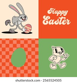 Groovy Easter print set. Spring bright character mascot cards in retro cartoon style. Cute easter bunnym chick and eggs. Vector illustrations.