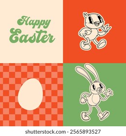 Groovy Easter print set. Spring bright character mascot cards in retro cartoon style. Cute Easter bunny, chick and eggs. Vector illustrations.