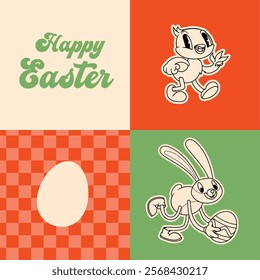 Groovy Easter print set. Spring bright character mascot cards in retro cartoon style. Cute Easter bunny, chick and eggs. Vector illustrations.