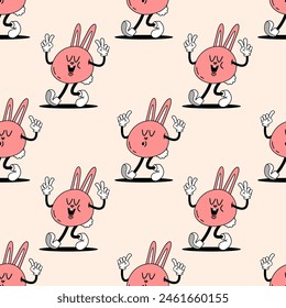 Groovy easter seamless pattern with bunny. Pattern with retro style elements.