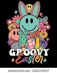 Groovy Easter t-shirt Easter Smiley Faces Groovy Boho Hippie Smile Trendy Popular Tshirt Design