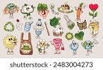 Groovy eco friendly organic products and cartoon characters set. Funny retro green energy and waste recycle stickers, environment and eco ideas cartoon mascots of 70s 80s style vector illustration