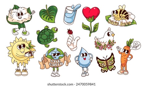 Groovy eco friendly organic products and cartoon characters set. Funny retro stickers with messages Save Earth and bees, Go Vegan. Comic eco cartoon mascots of 70s 80s style vector illustration