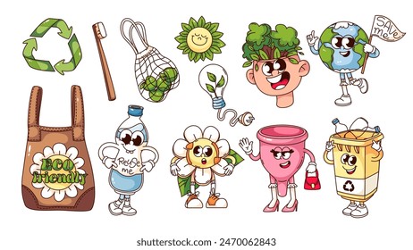 Groovy eco friendly organic products and cartoon characters set. Funny retro creative ideas and eco mindset cartoon stickers, reusable and recycle material mascots of 70s 80s style vector illustration