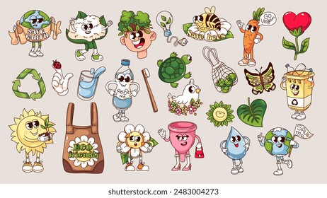 Groovy eco friendly organic products and cartoon characters set. Funny retro green energy and waste recycle stickers, environment and eco ideas cartoon mascots of 70s 80s style vector illustration