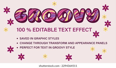 Groovy editable text effect in vintage style. Volumetric letters with psychedelic waves. Retro typographic graphic style. Good for hippie style of 60s, 70s For poster, header design