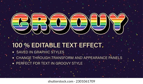 Efecto de texto modificable Groovy en estilo vintage. Letras volumétricas con rayas arco iris. Estilo tipográfico retro. Ideal para el estilo hippie de los años 60, 70 Para el afiche, diseño de cabecera