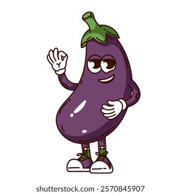 Groovy eggplant cartoon character with OK gesture. Funny retro confident vegetable showing zero fingers. Food mascot, cartoon cute purple eggplant sticker of 70s 80s style vector illustration