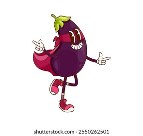 Groovy eggplant superhero vegetable cartoon character. Isolated vector funny veggie comics book vigilante donning cloak and mask. Fairytale healthy food, vitamin retro personage, fresh garden plant