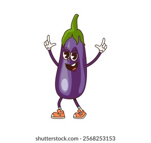 Groovy eggplant vegetable character. Cheerful cartoon vector raw farm veggie personage with a smiling face, white gloves, and sneakers, striking a playful pose, embodying funky and lively vibes of 70s