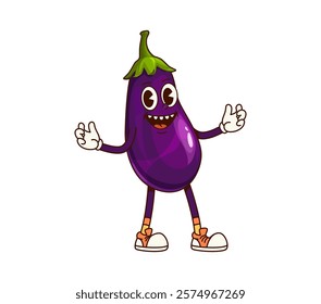 Groovy eggplant vegetable character striking a playful pose, embodying a fun and lively vibes of 70s. Cartoon vector cheerful raw farm veggie personage with a smiling face, white gloves, and sneakers