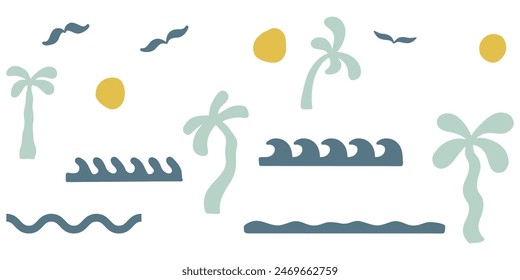 playa de los Elementos. cocotero palmera, playa océano, ola, sol, pájaro doodle conjunto Vector aislado.