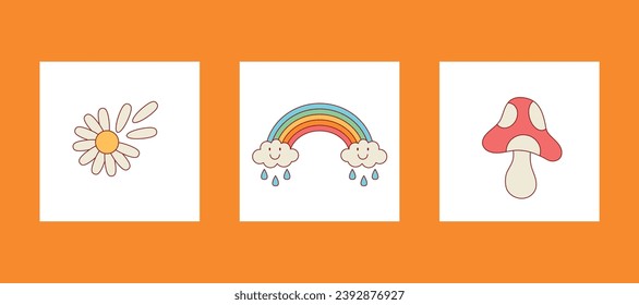 Groovy elements card set with chamomile, rainbow with clouds, mushroom fly agaric for website banner, Sale, cover, flyer or poster trendy vector illustration