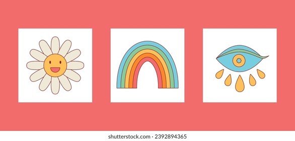Groovy elements card set with chamomile, rainbow, psychedelic eye with tears for website banner, Sale, cover, flyer or poster trendy vector illustration