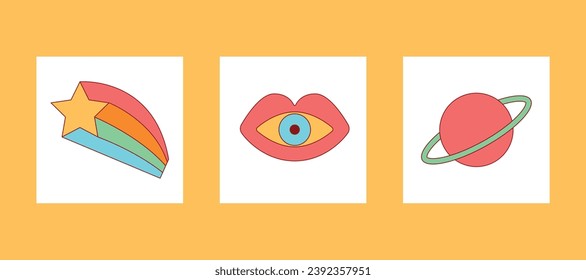 Groovy elements card set. Star, rainbow, lips, eye and planet. For website banner, Sale, cover, flyer or poster trendy vector illustration