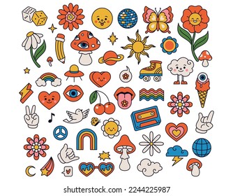 Groovy elements collection flowers mushroom and rainbow. Vector of rainbow groovy, 70s retro collection elements illustration