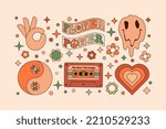 Groovy Elements Set in Retro Hippie Style 70s . Geometric Abstract Vector Stickers: Cassette, Daisy Flower, Ok Hand, Melting Smiling Face and Ying-Yang Sign for Creating Posters, Logo, Patterns