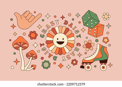 Groovy Elements Set in Retro Hippie Style 70s . Geometric Abstract Vector Stickers: Daisy Flower, Shaka Hand, Mushroom, Roller, Dices for Print on T-Shirts, Posters, Creating Logo and Patterns