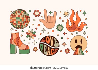 Groovy Elements Set in Retro Hippie Style 70s . Geometric Abstract Vector Stickers: Disco Ball, Rock Hand, Fire, Shoe and Emoji for Print on T-Shirts, Posters, Creating Logo, Patterns svg